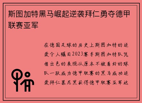斯图加特黑马崛起逆袭拜仁勇夺德甲联赛亚军 斯图加特黑马崛起逆袭拜仁勇夺德甲联赛亚军