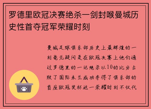 罗德里欧冠决赛绝杀一剑封喉曼城历史性首夺冠军荣耀时刻