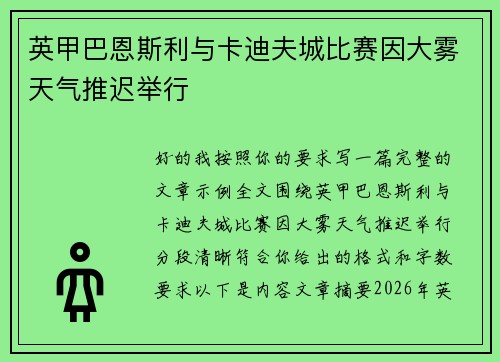 英甲巴恩斯利与卡迪夫城比赛因大雾天气推迟举行